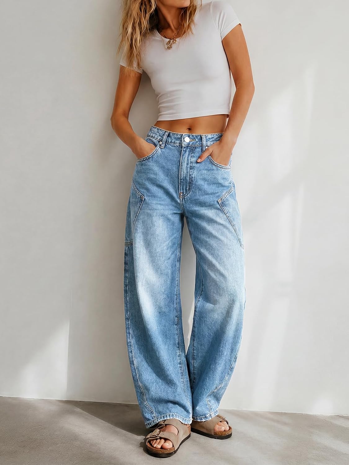 Flowyair Womens Baggy Barrel Jeans Raw High Waisted Wide Leg Denim Pants