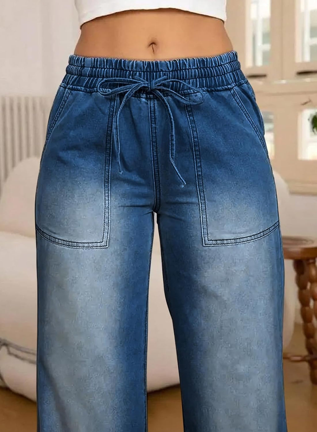 Eytino Womens Plus Size Jeans High Waisted Straight Leg Wide Leg Jean Trendy Stretchy Drawstring Denim Pants(1X-5X)