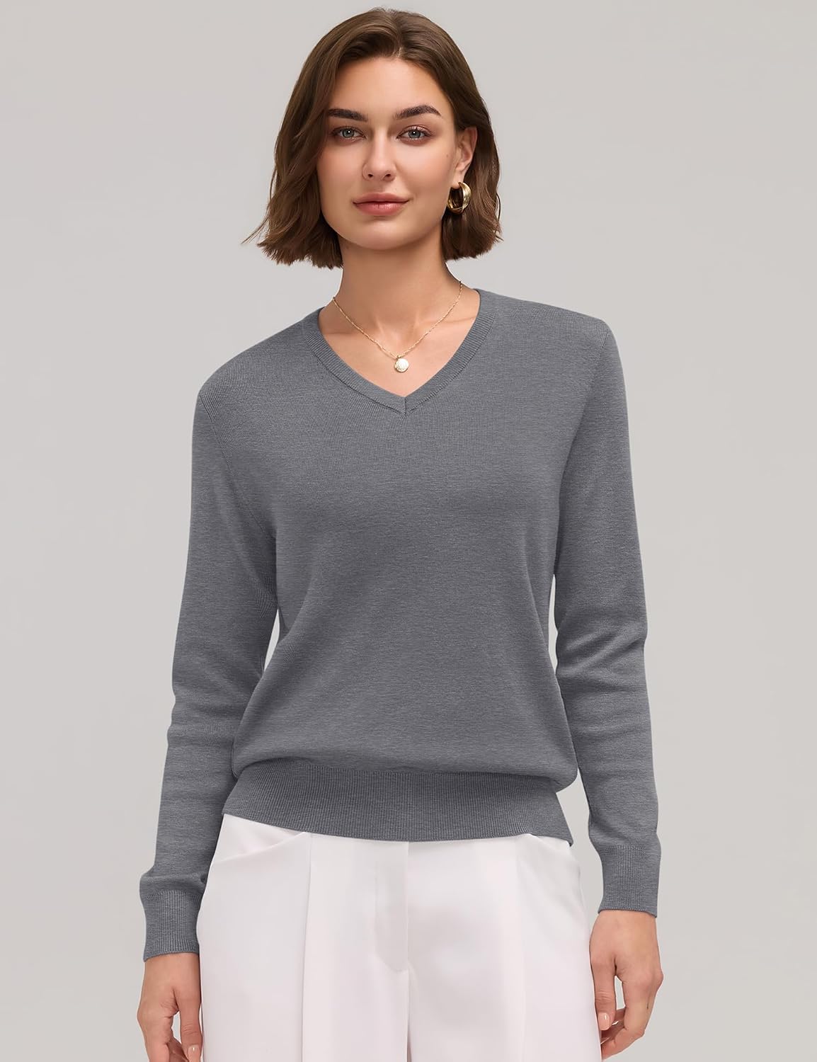 LOMON Womens Wool Blend Sweaters Long Sleeve Tops V Neck Knit Shirts Fall