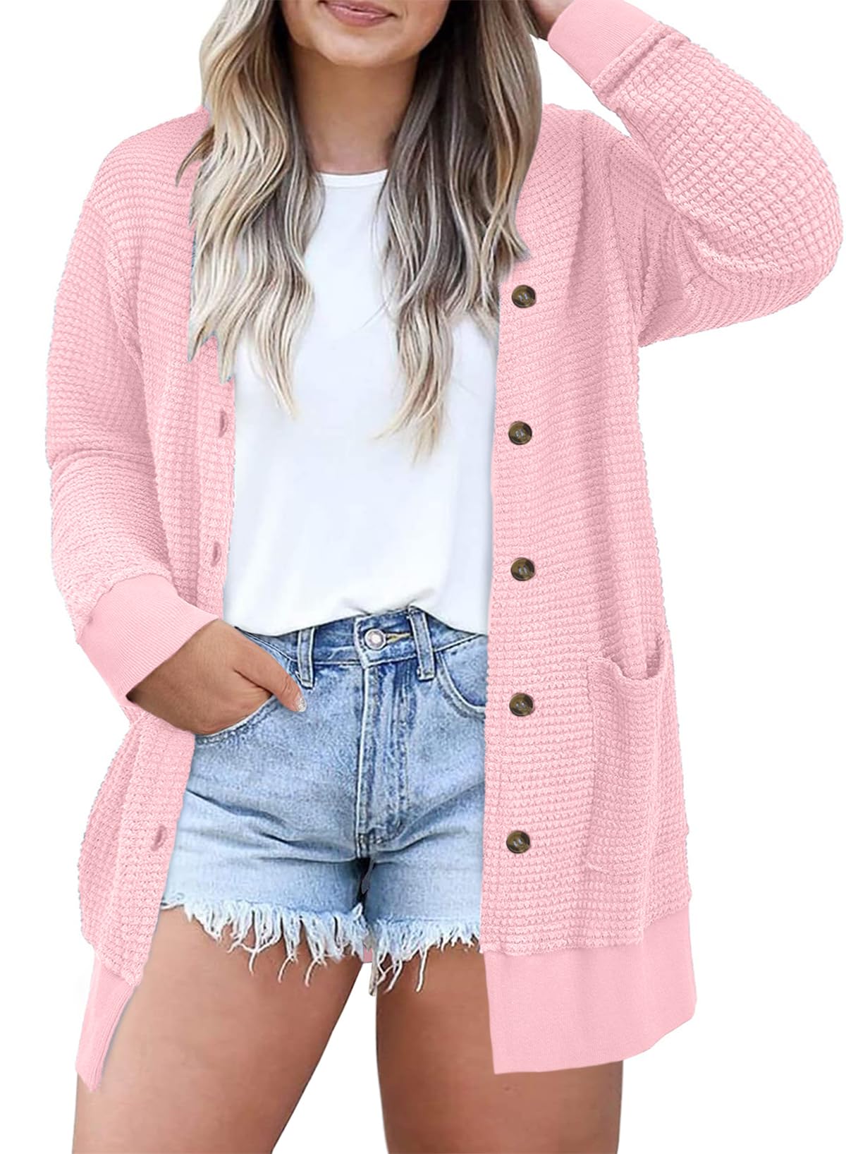 Eytino Womens Plus Size Waffle Knit Button Down Cardigans(1X-5X)