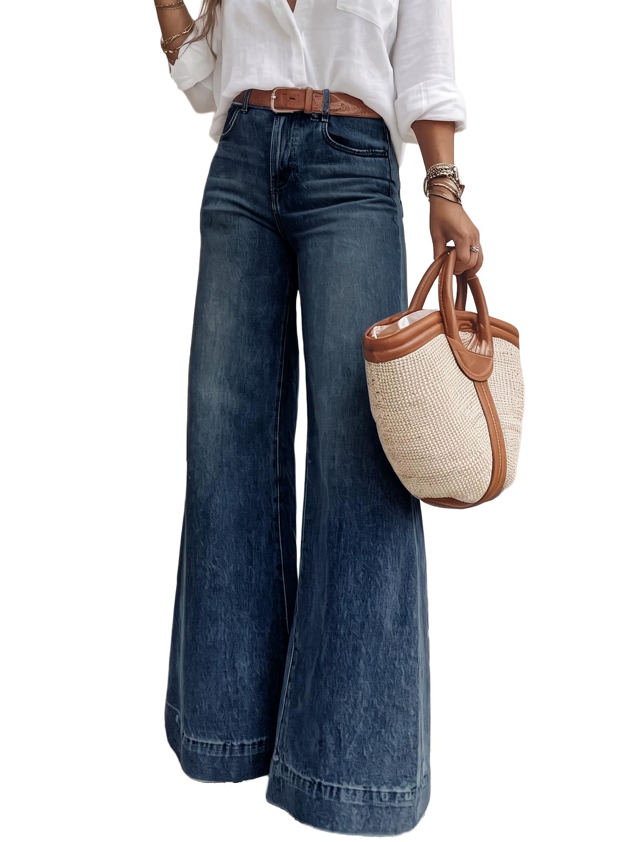 SHEWIN Flare Jeans for Women Wide Leg High Waisted Strechy Loose Casual Denim Pants with Pockets