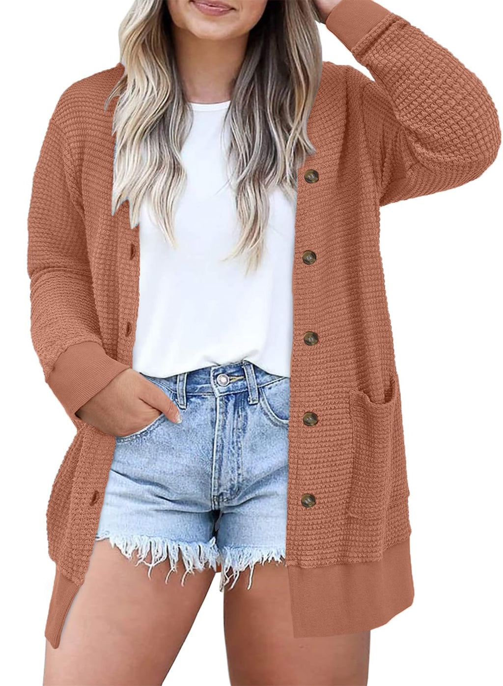 Eytino Womens Plus Size Waffle Knit Button Down Cardigans(1X-5X)