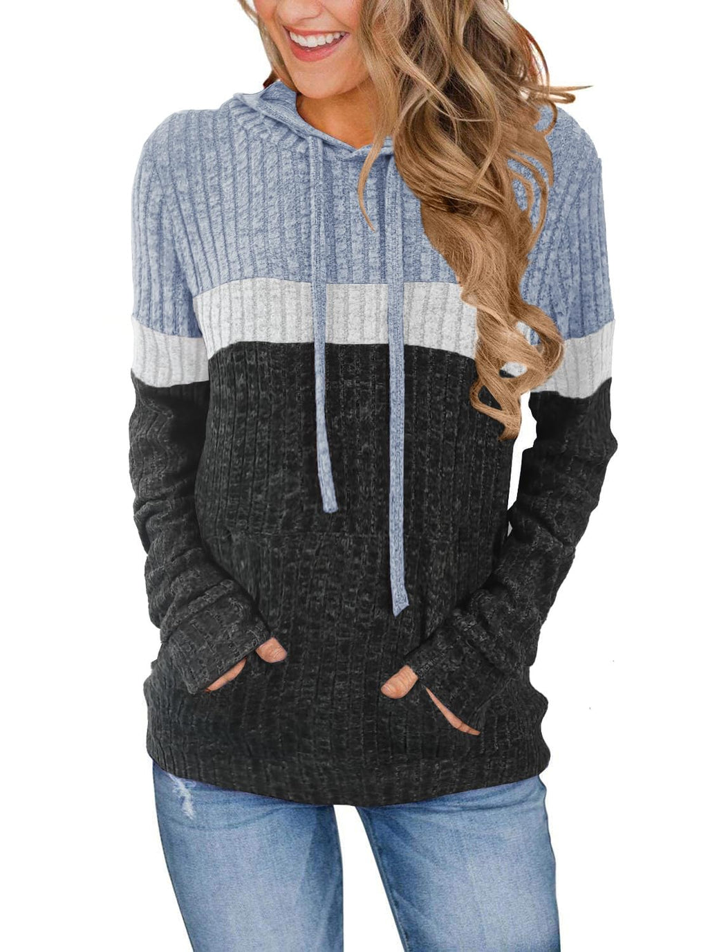 MixShe Women’s Color Block Knit Hoodie – Casual Long Sleeve Pullover Sweater Tops with Pocket