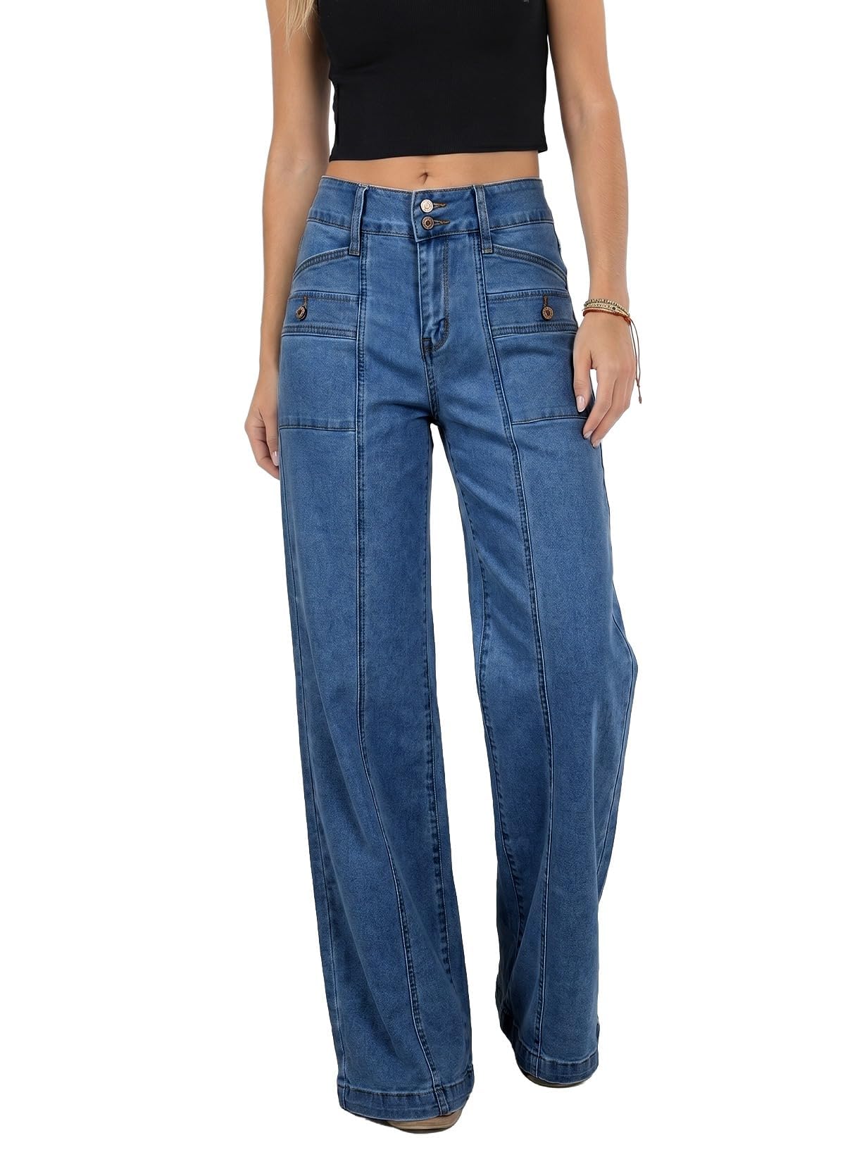 Astylish Women's Wide Leg Jeans High Waisted Double Buttons Stretchy Straight Leg Jean Trendy Denim Pants Big Pockets