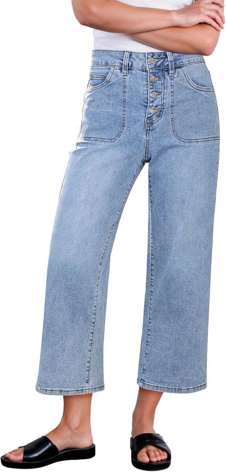GRAPENT Wide Leg Jeans for Women Cropped Trendy High Waisted Button Fly Loose Straight Leg Stretchy Denim Trouser Jeans