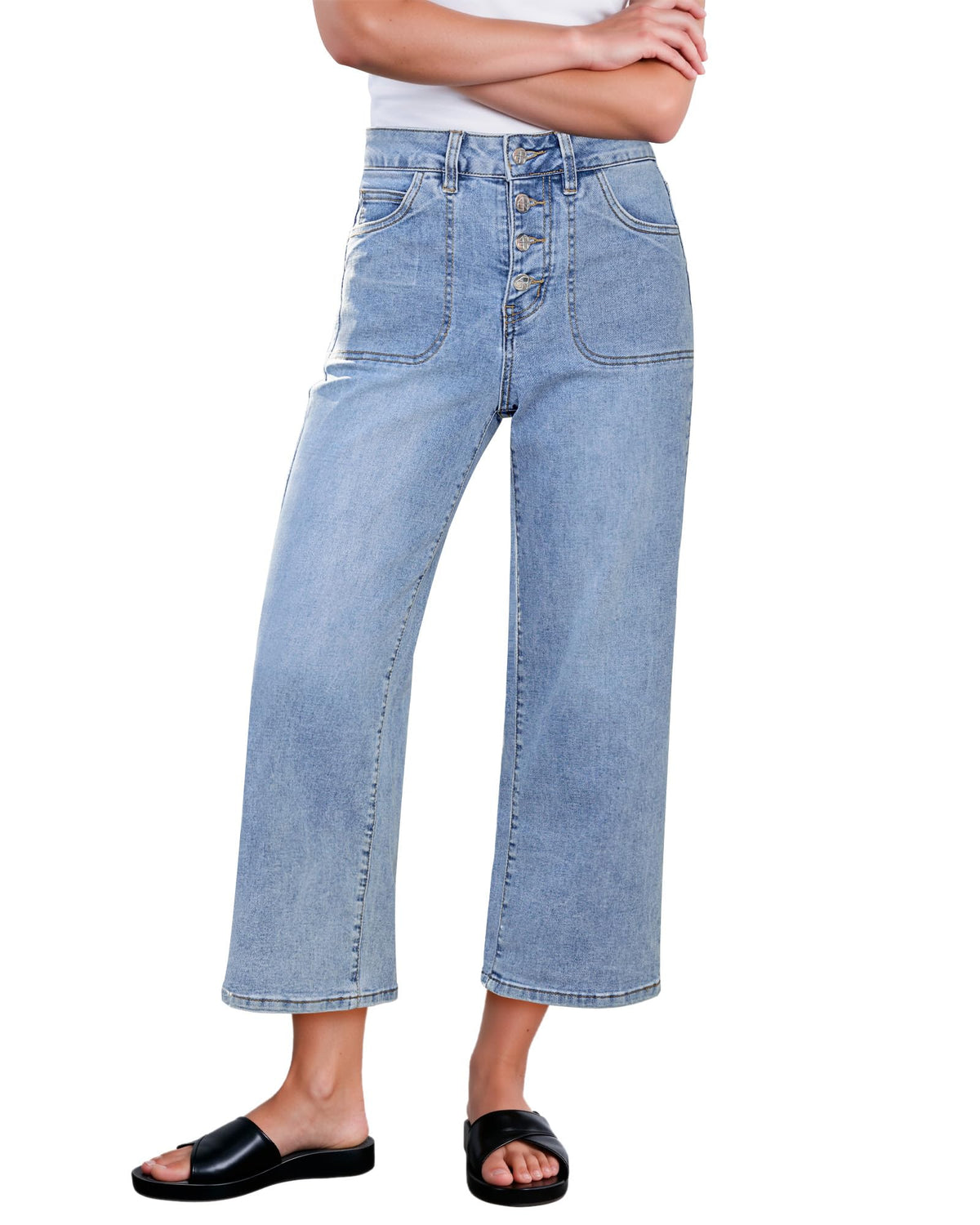 GRAPENT Wide Leg Jeans for Women Cropped Trendy High Waisted Button Fly Loose Straight Leg Stretchy Denim Trouser Jeans