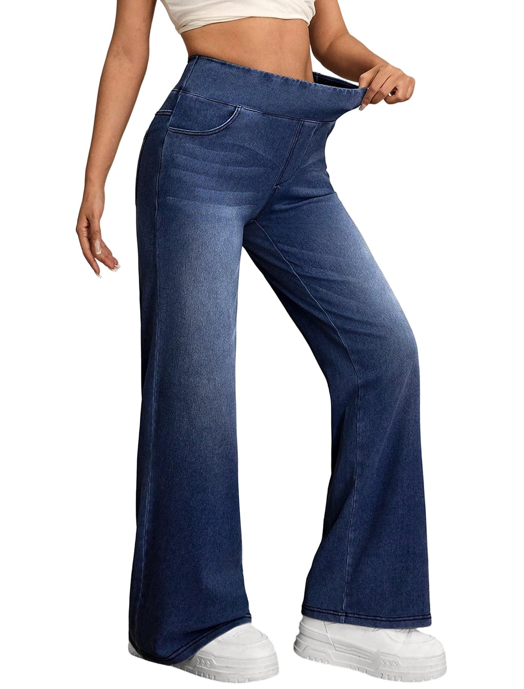 IWD Wide Leg Jeans for Women High Waisted Stretchy Pull On Denim Pants