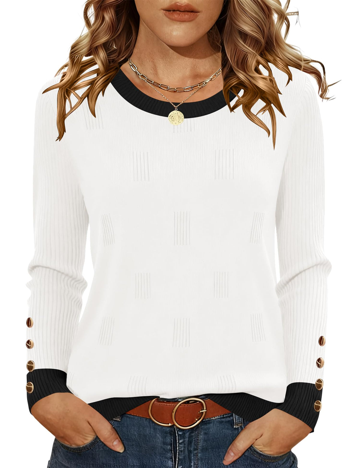 AKEWEI Womens Sweaters Long Sleeve Crew Neck Lightweight Knit Pullover Tops with Decorative Buttons