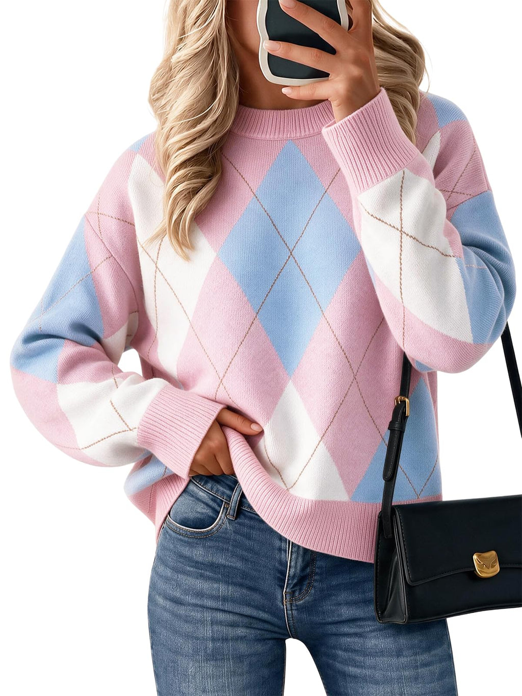 Cicy Bell Sweaters for Women Argyle Plaid Color Block Knit Pullover Tops