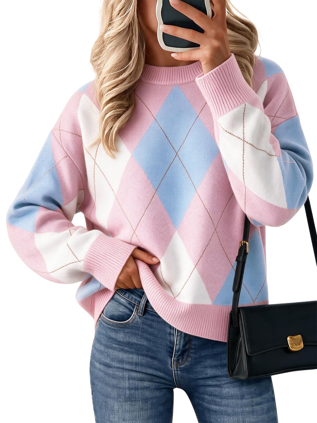 Cicy Bell Sweaters for Women Argyle Plaid Color Block Knit Pullover Tops