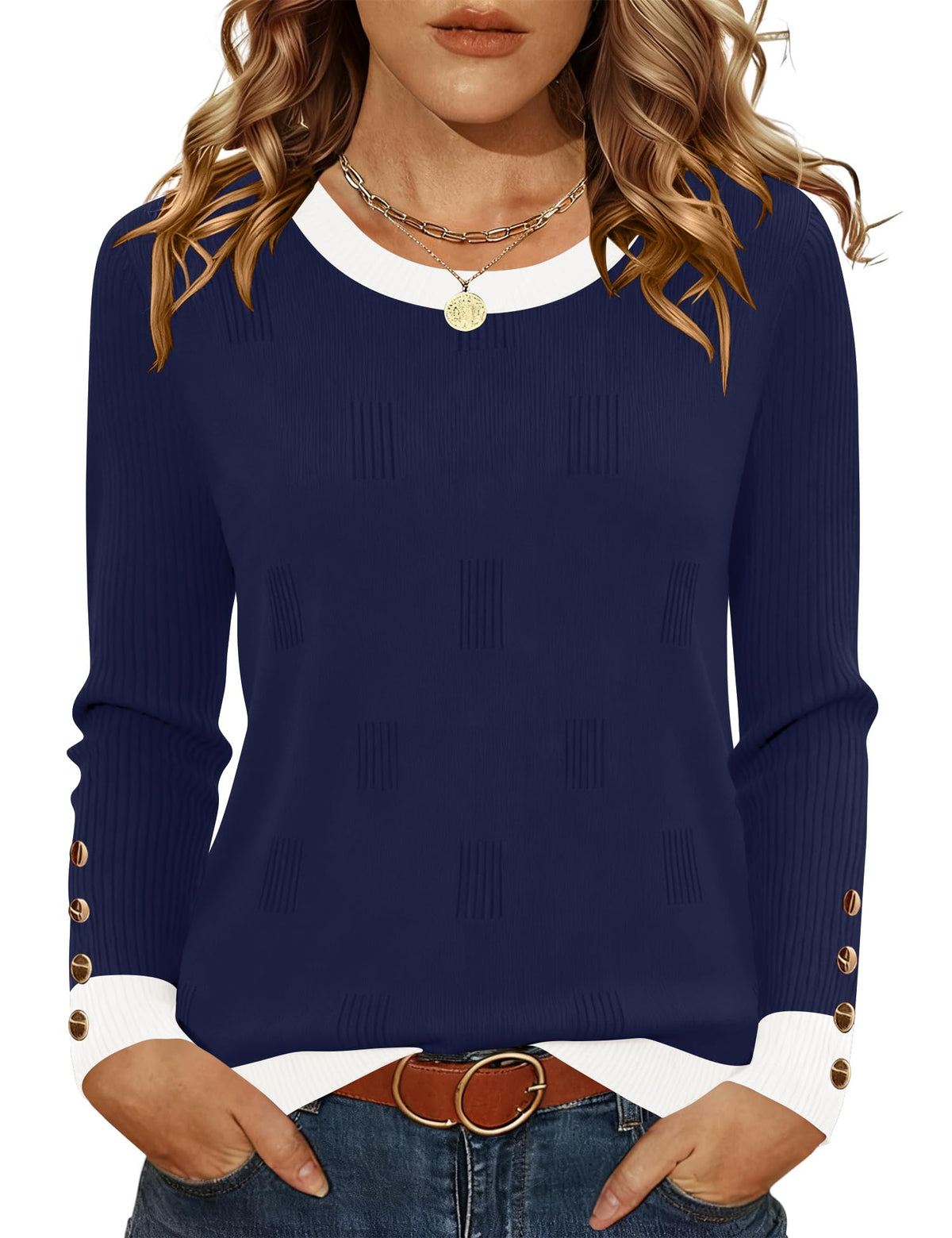 AKEWEI Womens Sweaters Long Sleeve Crew Neck Lightweight Knit Pullover Tops with Decorative Buttons