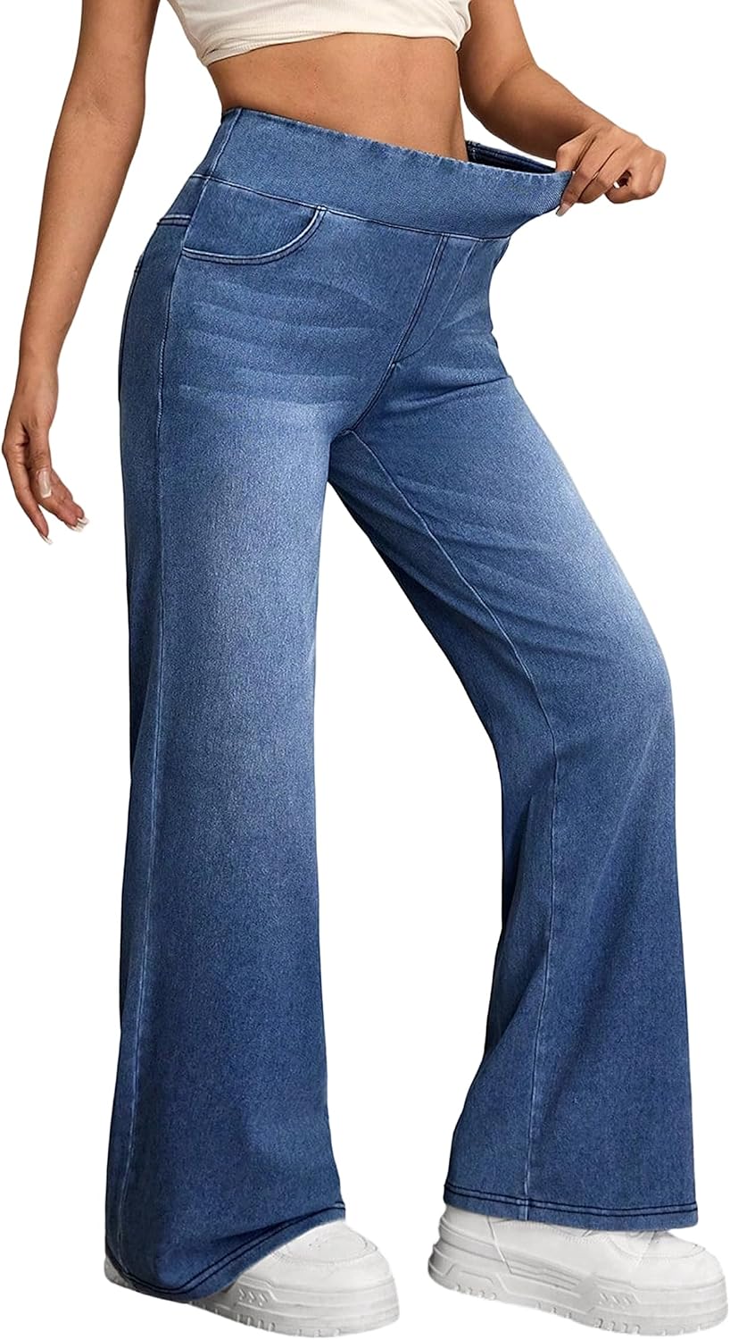 IWD Wide Leg Jeans for Women High Waisted Stretchy Pull On Denim Pants