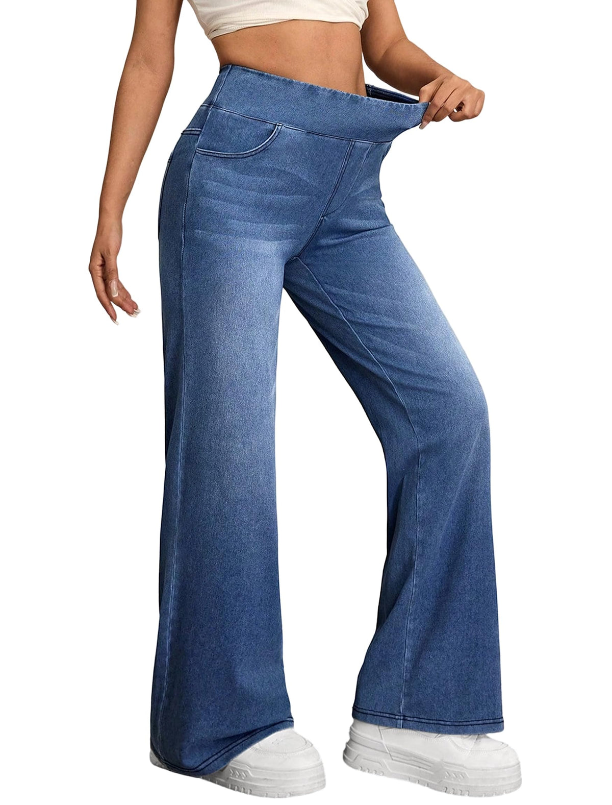IWD Wide Leg Jeans for Women High Waisted Stretchy Pull On Denim Pants