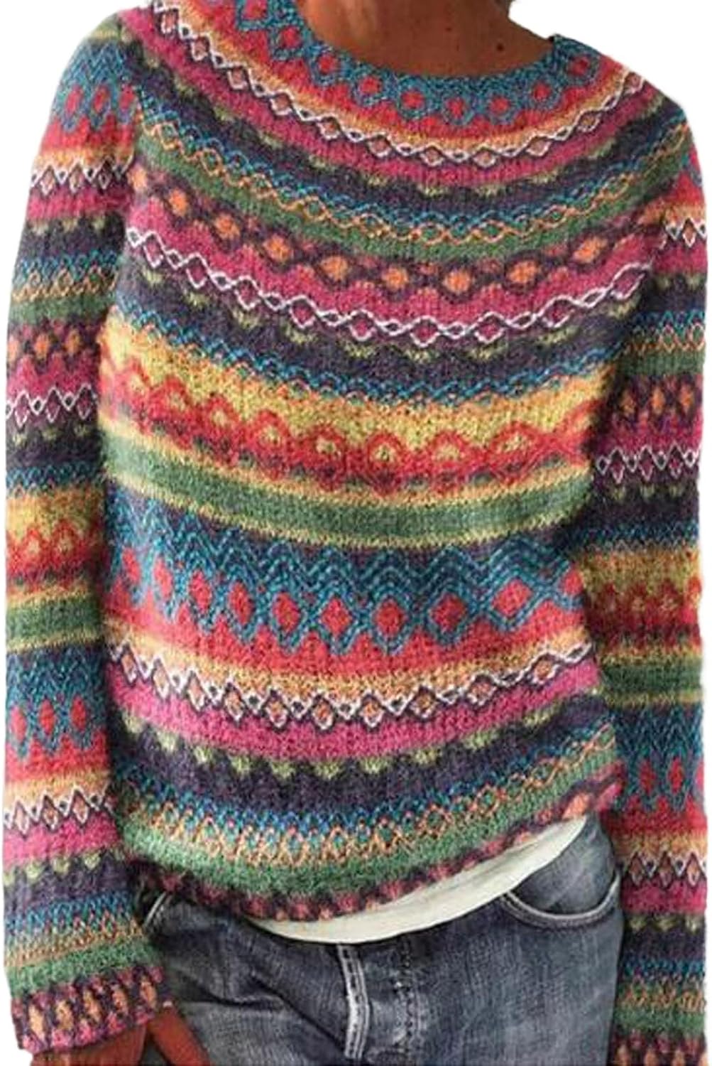 Fair Isle Sweater Women Boho Knitted Vintage Sweaters Casual Crewneck Long Sleeve Lightweight Cropped Pullover Tops