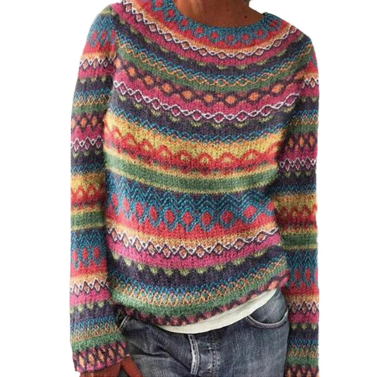 Fair Isle Sweater Women Boho Knitted Vintage Sweaters Casual Crewneck Long Sleeve Lightweight Cropped Pullover Tops