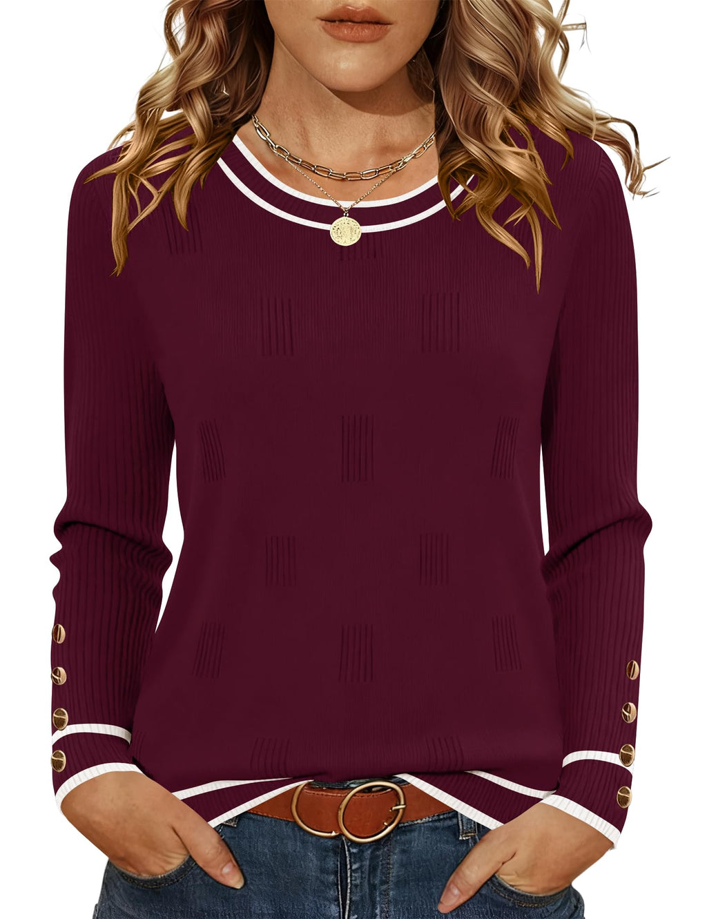 AKEWEI Womens Sweaters Long Sleeve Crew Neck Lightweight Knit Pullover Tops with Decorative Buttons