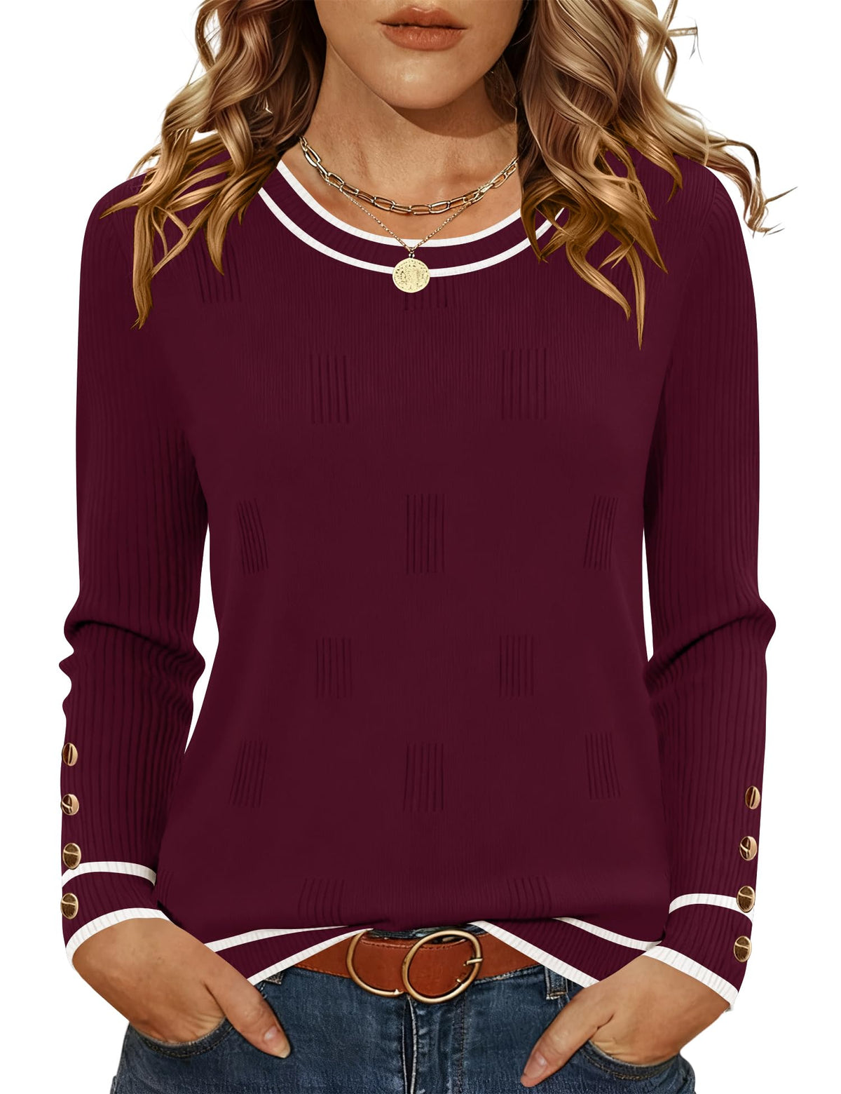 AKEWEI Womens Sweaters Long Sleeve Crew Neck Lightweight Knit Pullover Tops with Decorative Buttons