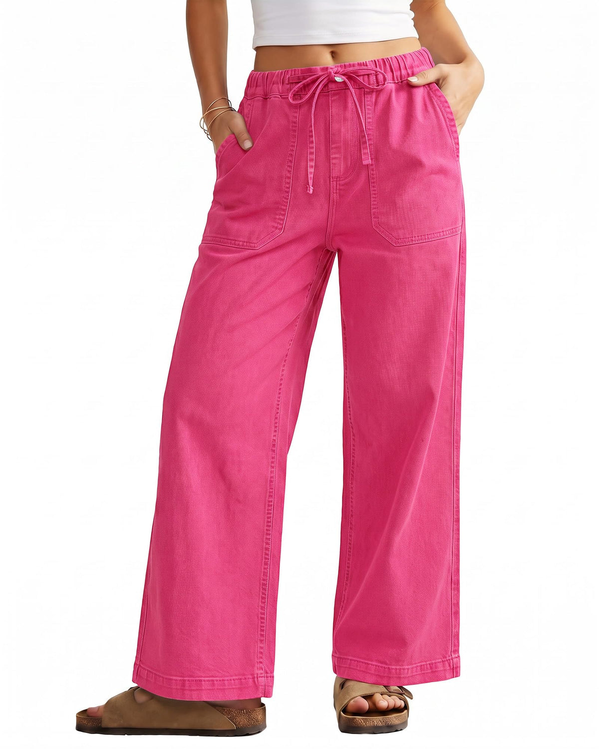 GRAPENT Wide Leg Jeans for Women Trendy High Waisted Drawstring Tie Elastic Waist Stretchy Denim Pants Trouser Jeans