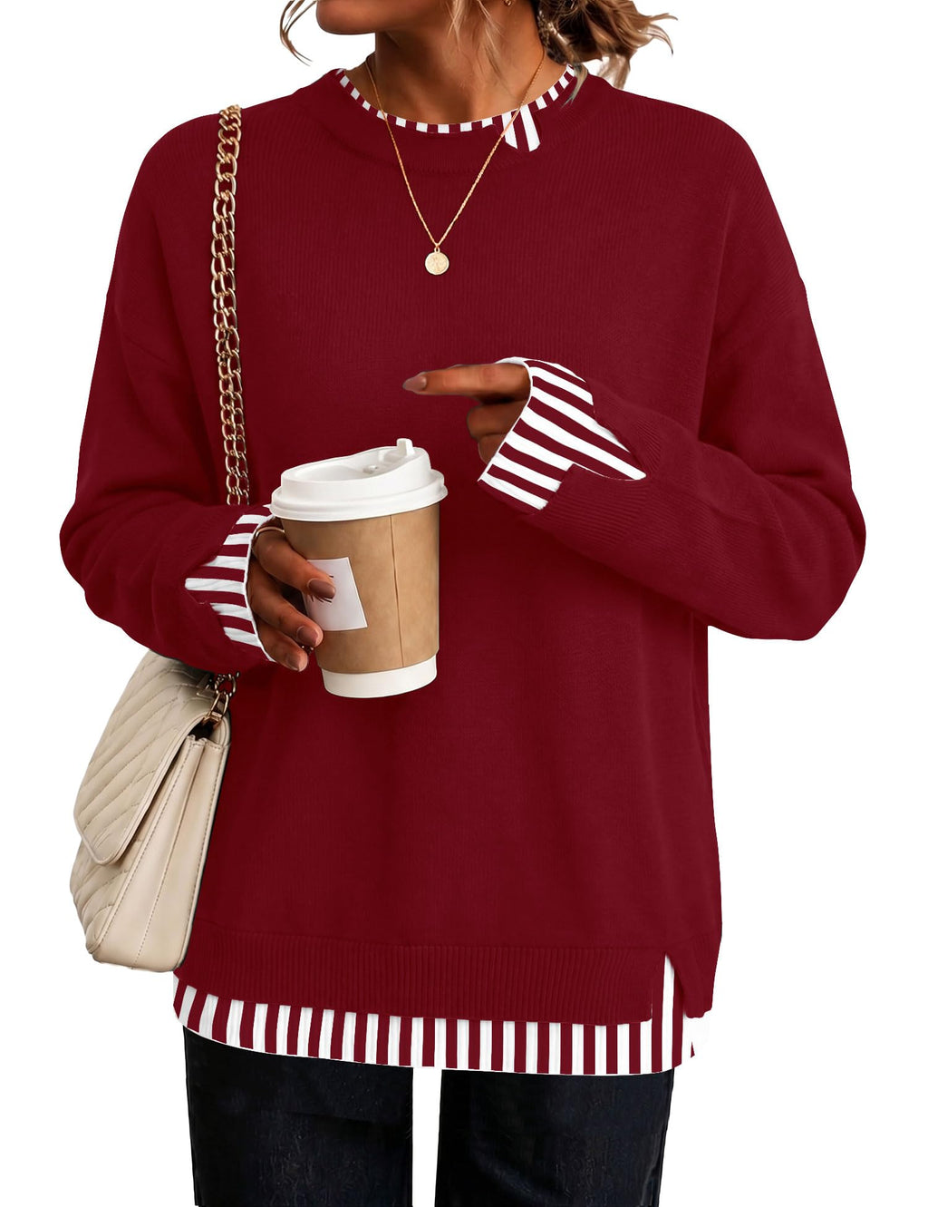 LOMON Womens Sweaters Cozy Long Sleeve Pullover Tops Faux Layered Sweaters