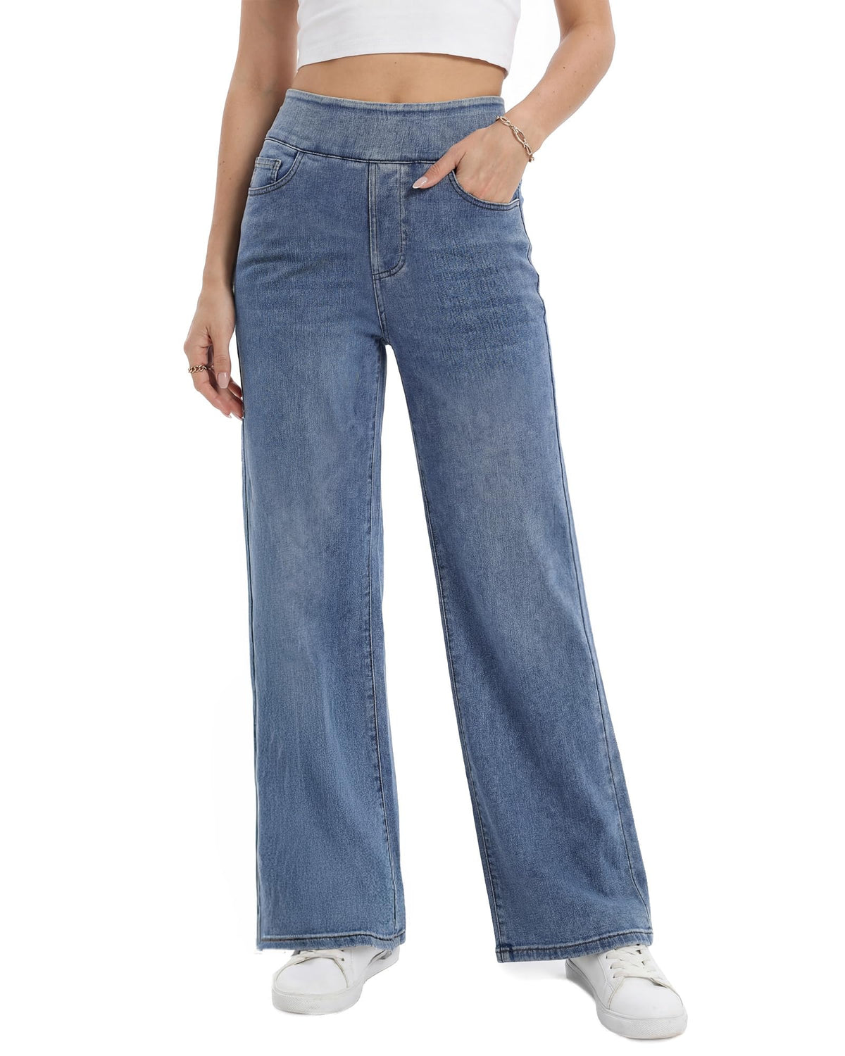 Wide Leg Pull On Jeans Womens High Rise Stretchy Jeans Denim Pants with Elastic Waist Tummy Control