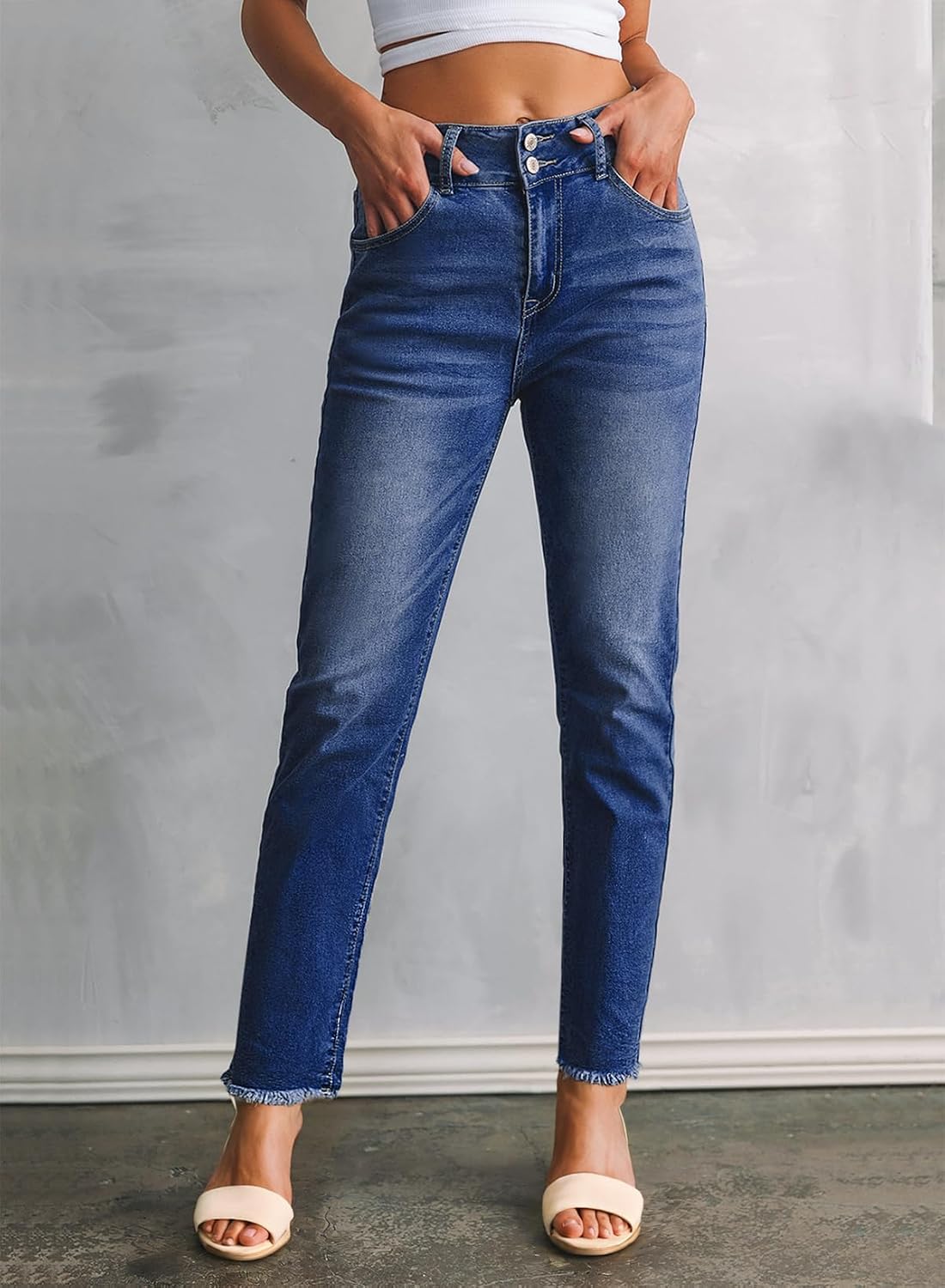 Sidefeel Women's High Waisted Raw Hem Straight Leg Jeans