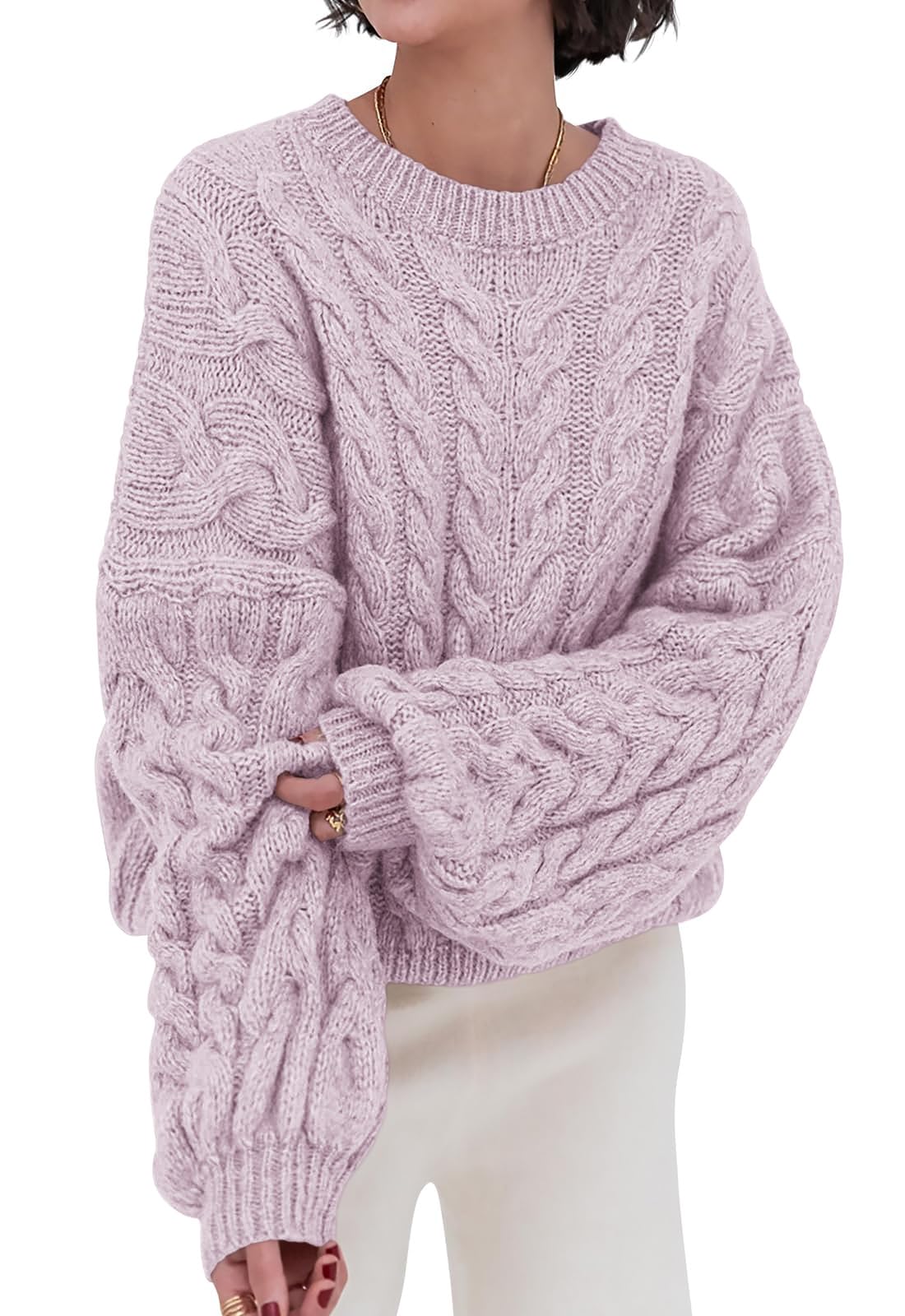 PRETTYGARDEN Womens Sweaters Fall 2026 Cable Knit Long Sleeve Crewneck Oversized Sweater Chunky Pullover Loose Outfits