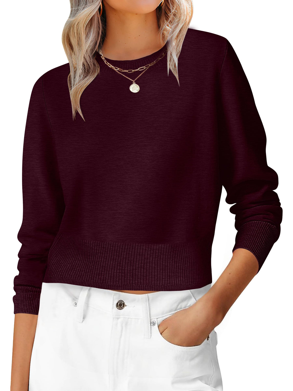 ANRABESS Women’s Long Sleeve Cropped Crew Neck Lightweight Fall Sweaters