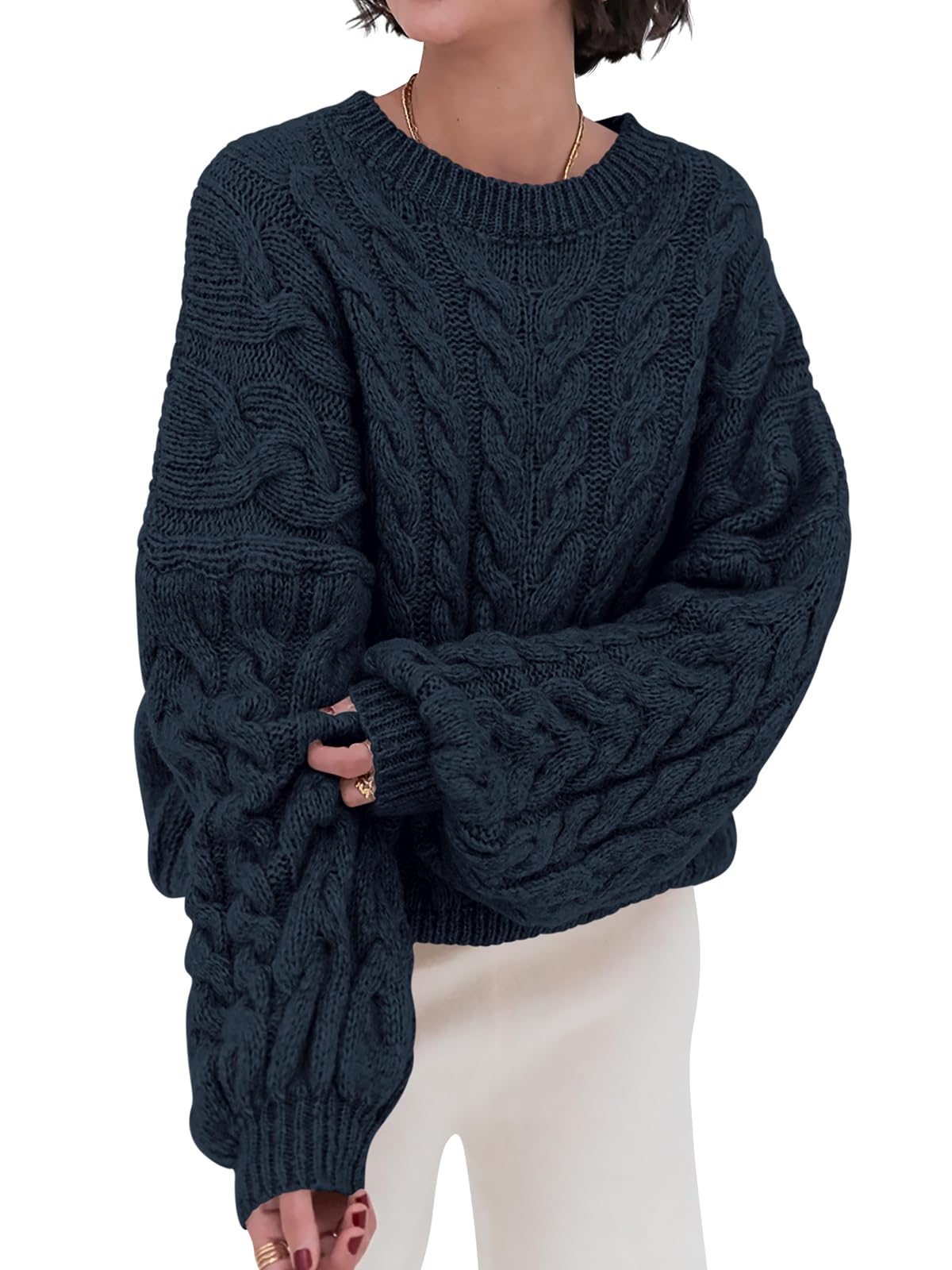PRETTYGARDEN Womens Sweaters Fall 2026 Cable Knit Long Sleeve Crewneck Oversized Sweater Chunky Pullover Loose Outfits