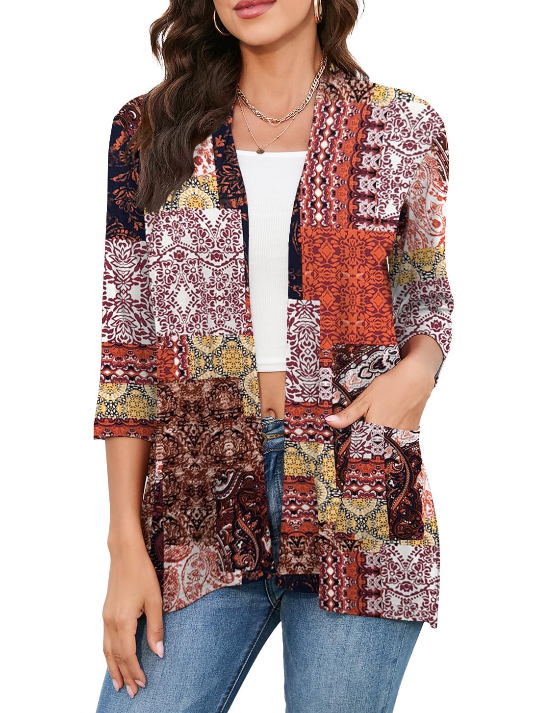 HIYIYEZI Womens Casual Lightweight Cardigans with Pockets 3/4 Sleeve Open Front Dusters