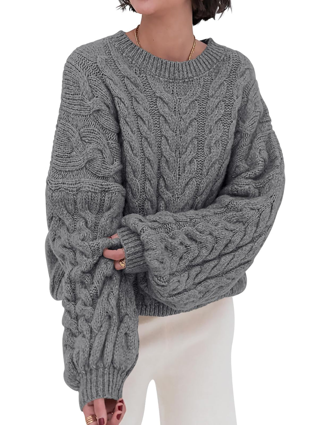 PRETTYGARDEN Womens Sweaters Fall 2026 Cable Knit Long Sleeve Crewneck Oversized Sweater Chunky Pullover Loose Outfits