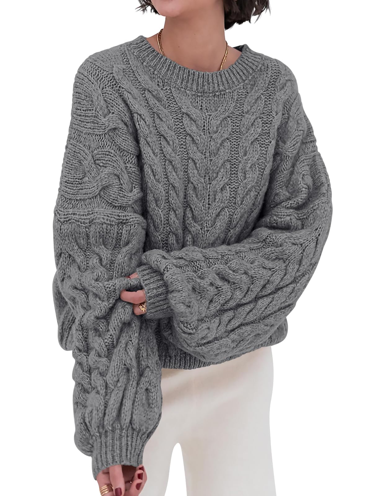 PRETTYGARDEN Womens Sweaters Fall 2026 Cable Knit Long Sleeve Crewneck Oversized Sweater Chunky Pullover Loose Outfits