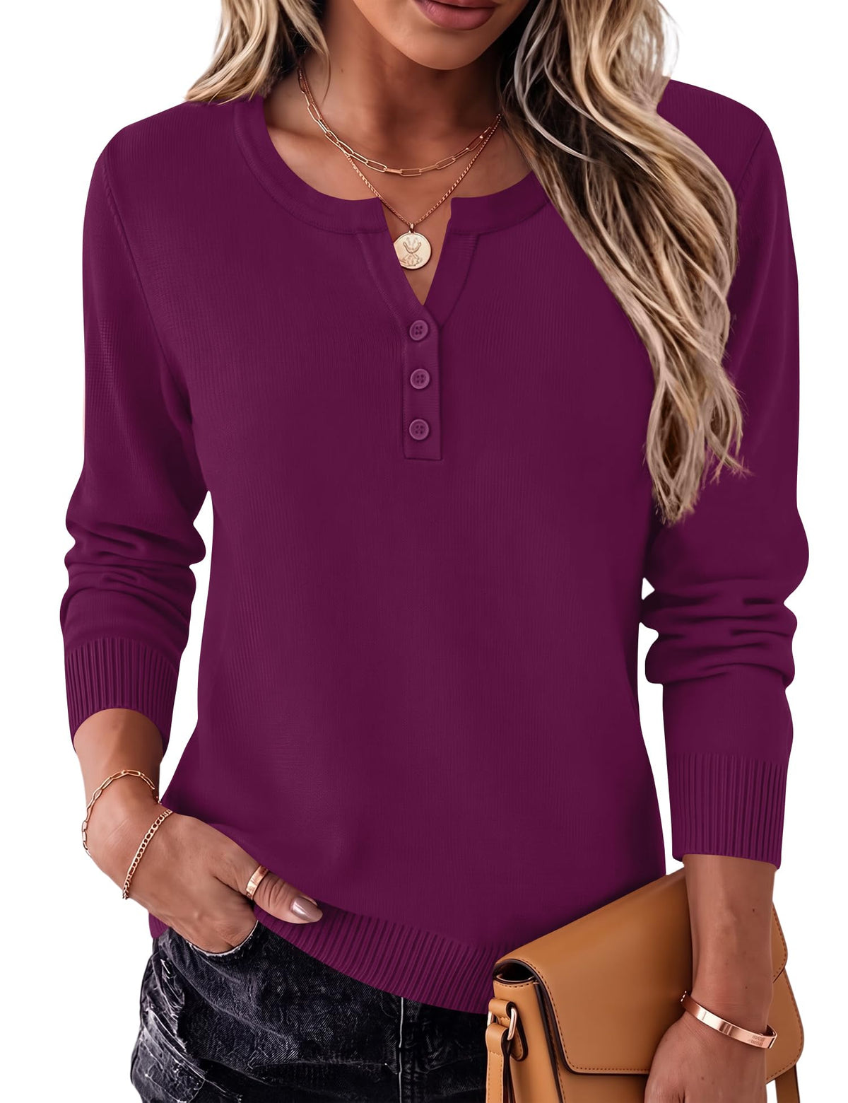 LOMON Sweater for Women Long Sleeve V Neck Wool Blend Pullover Tops