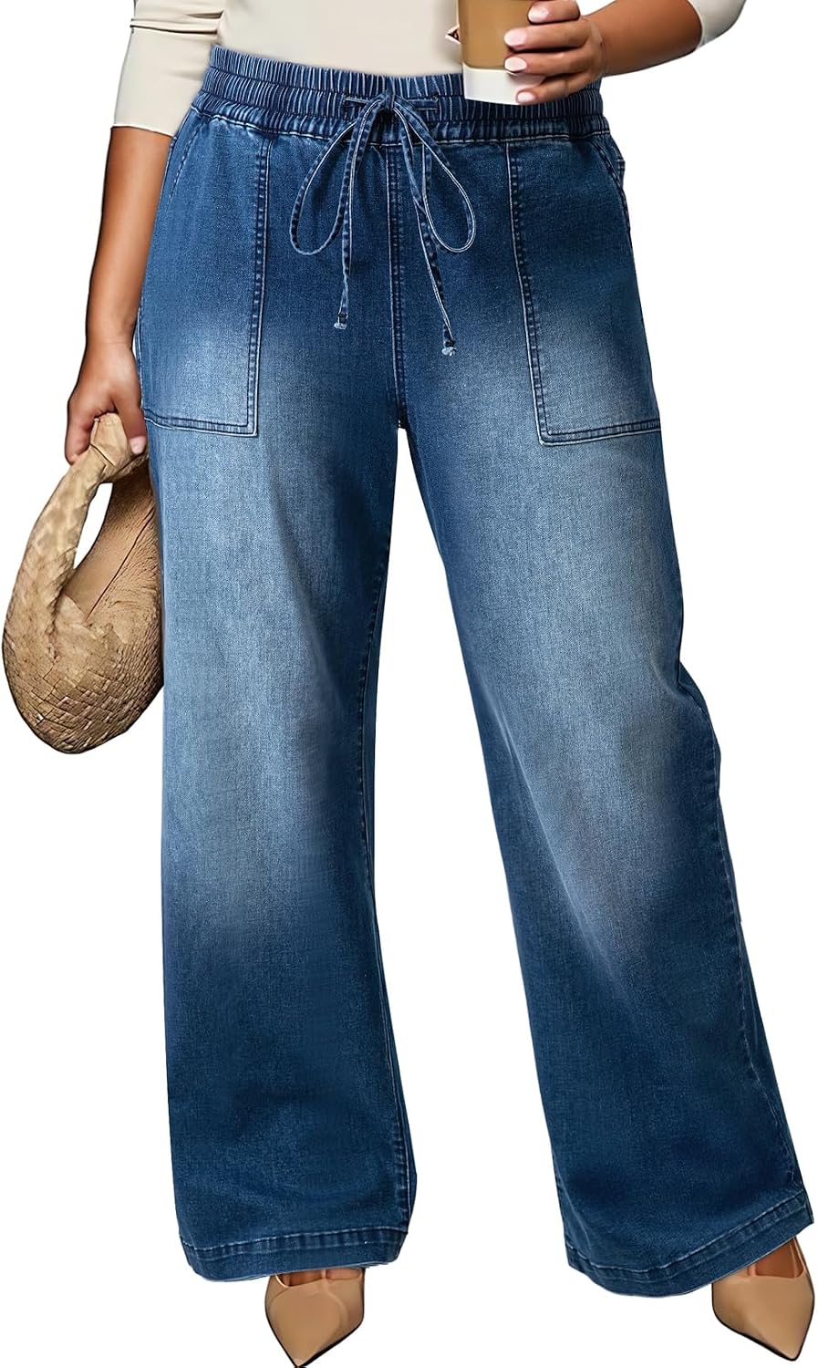 Eytino Womens Plus Size Jeans High Waisted Straight Leg Wide Leg Jean Trendy Stretchy Drawstring Denim Pants(1X-5X)