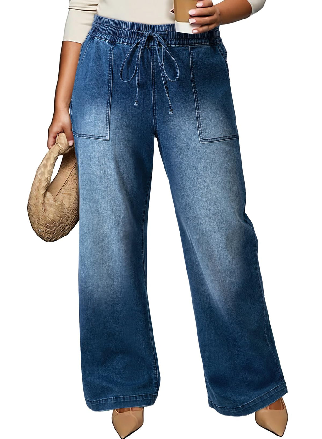 Eytino Womens Plus Size Jeans High Waisted Straight Leg Wide Leg Jean Trendy Stretchy Drawstring Denim Pants(1X-5X)