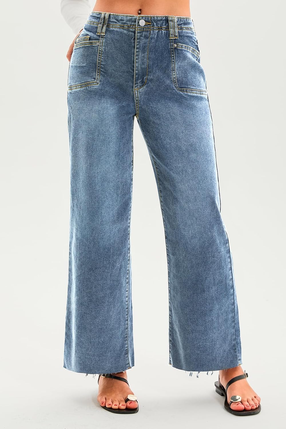 Cicy Bell Womens High Waisted Cropped Jeans Straight Leg Raw Hem Denim Pant