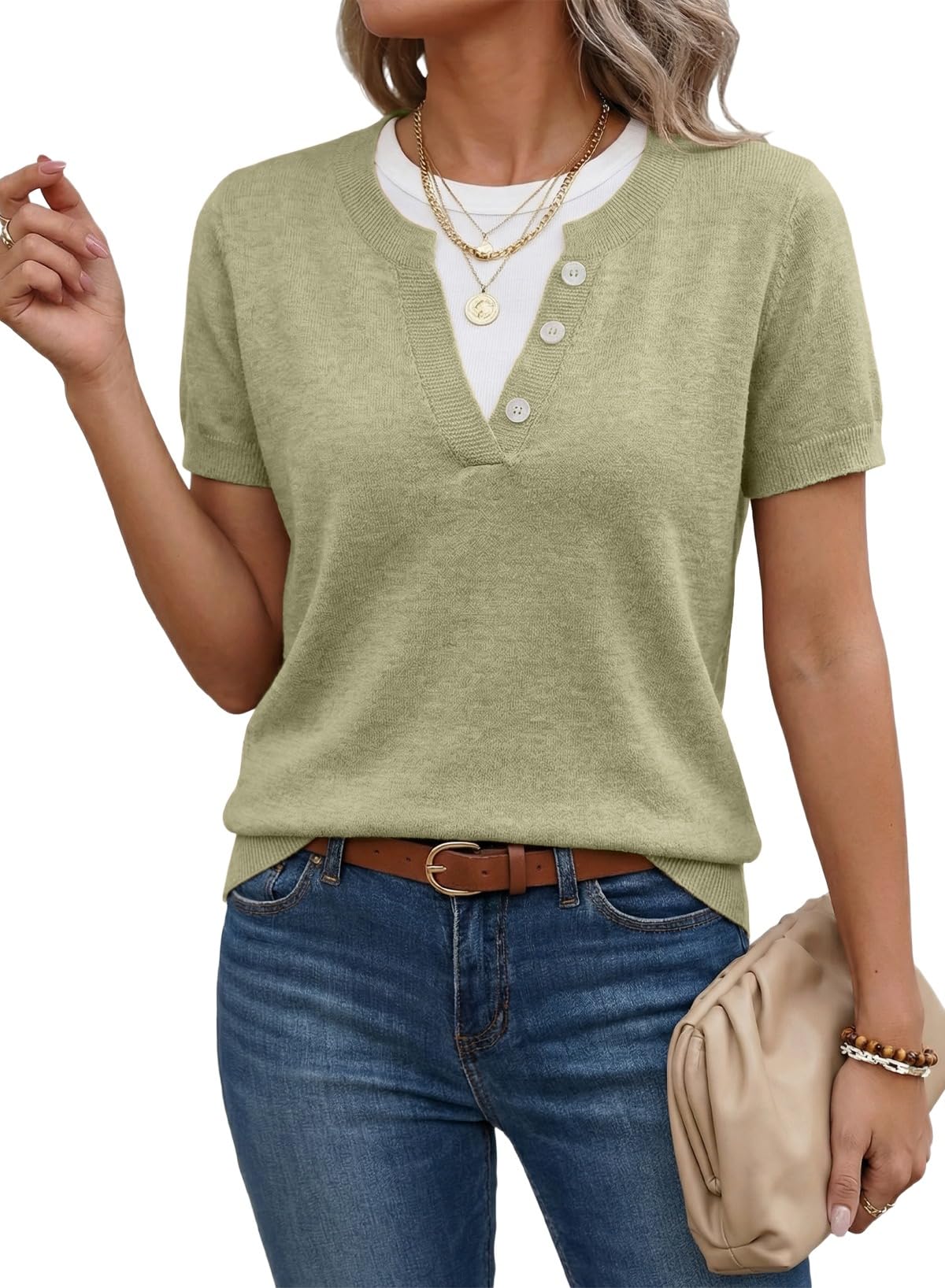 SHEWIN Womens Lightweight Short Sleeve Sweaters Fall Layered Knit Tops