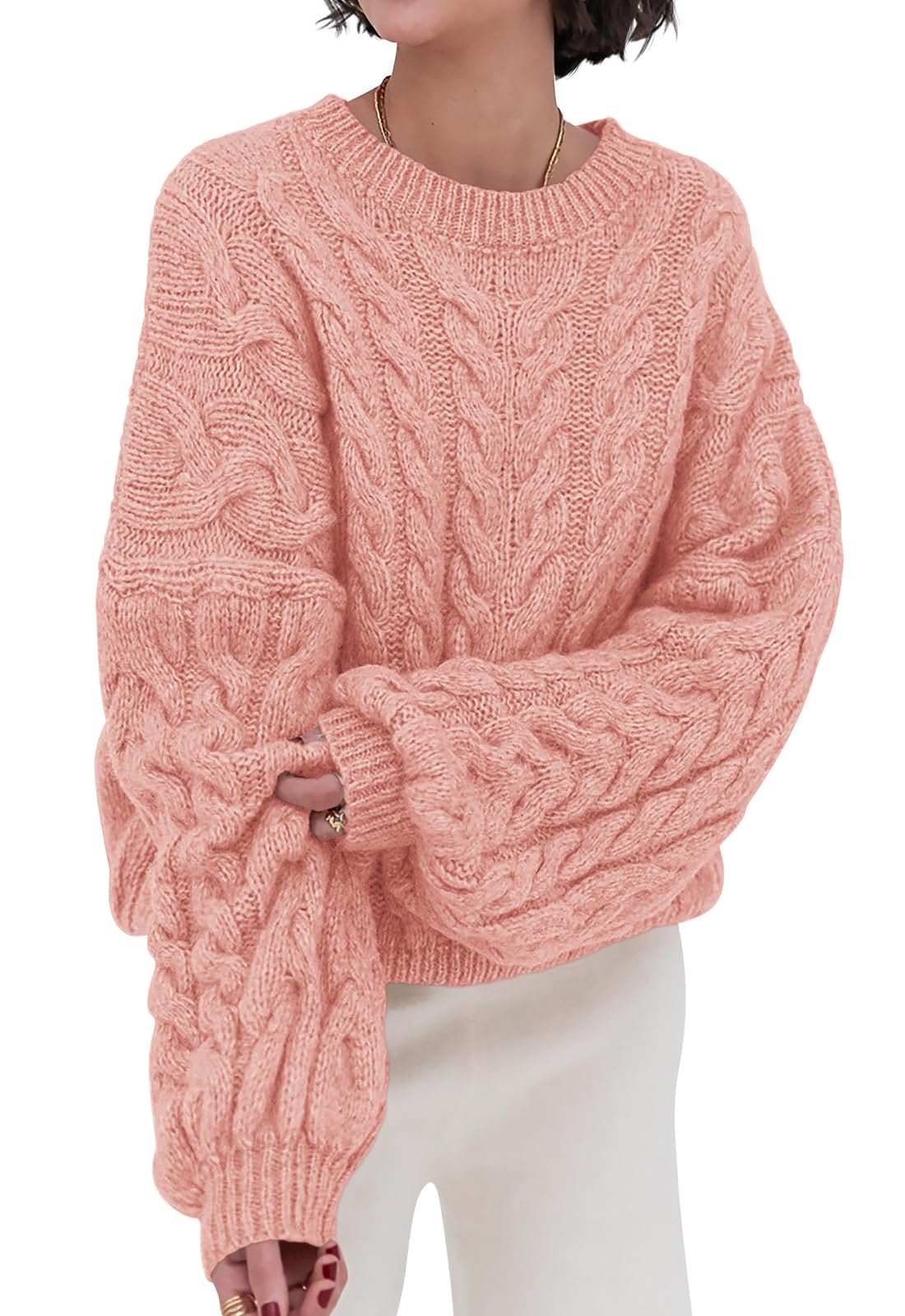 PRETTYGARDEN Womens Sweaters Fall 2026 Cable Knit Long Sleeve Crewneck Oversized Sweater Chunky Pullover Loose Outfits