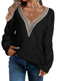 EVALESS Womens Long Sleeve Sweaters Fall 2024 Trendy Sexy Lace V Neck Knit Drop Shoulder Pullover Sweater Jumper Tops