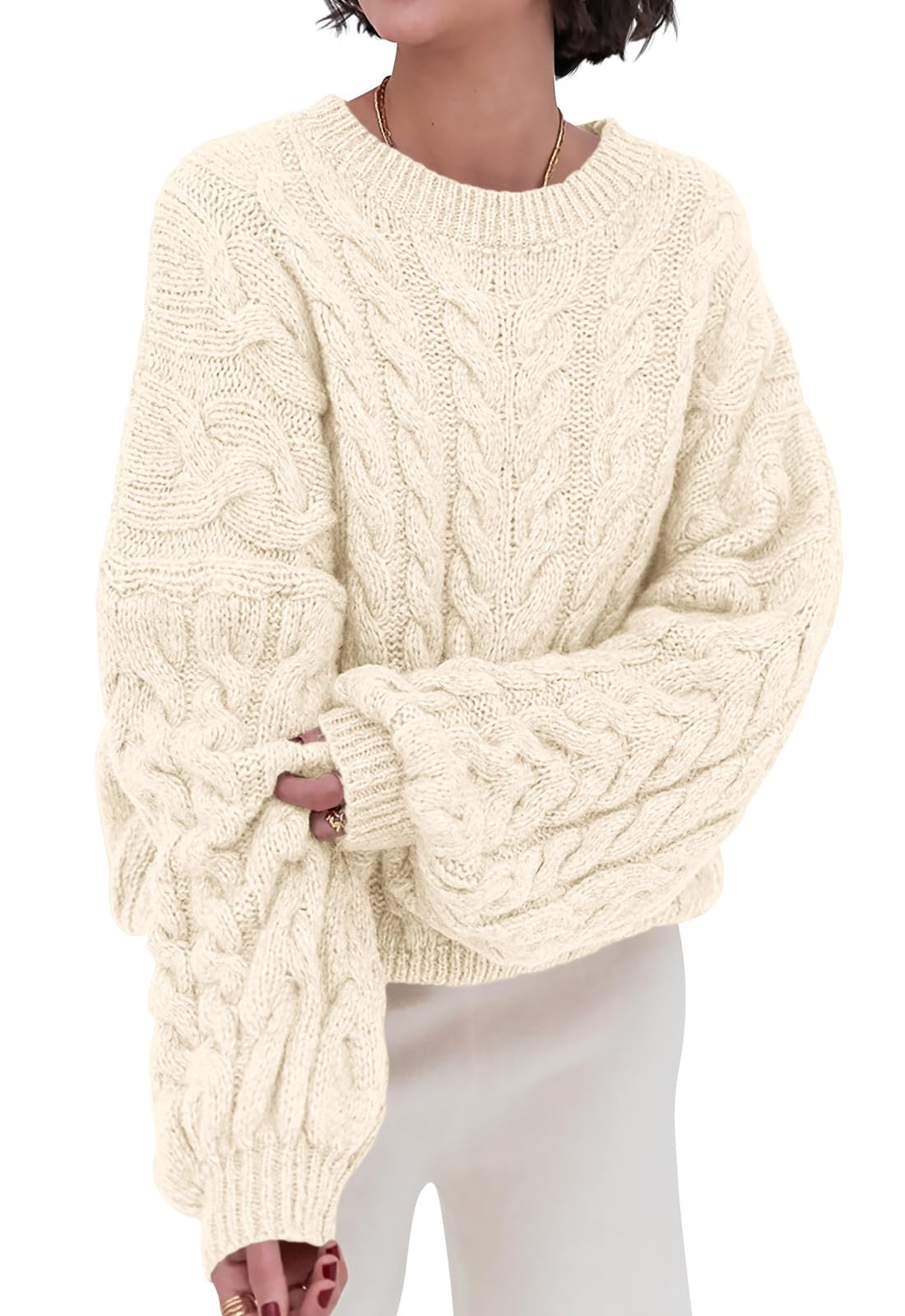 PRETTYGARDEN Womens Sweaters Fall 2026 Cable Knit Long Sleeve Crewneck Oversized Sweater Chunky Pullover Loose Outfits