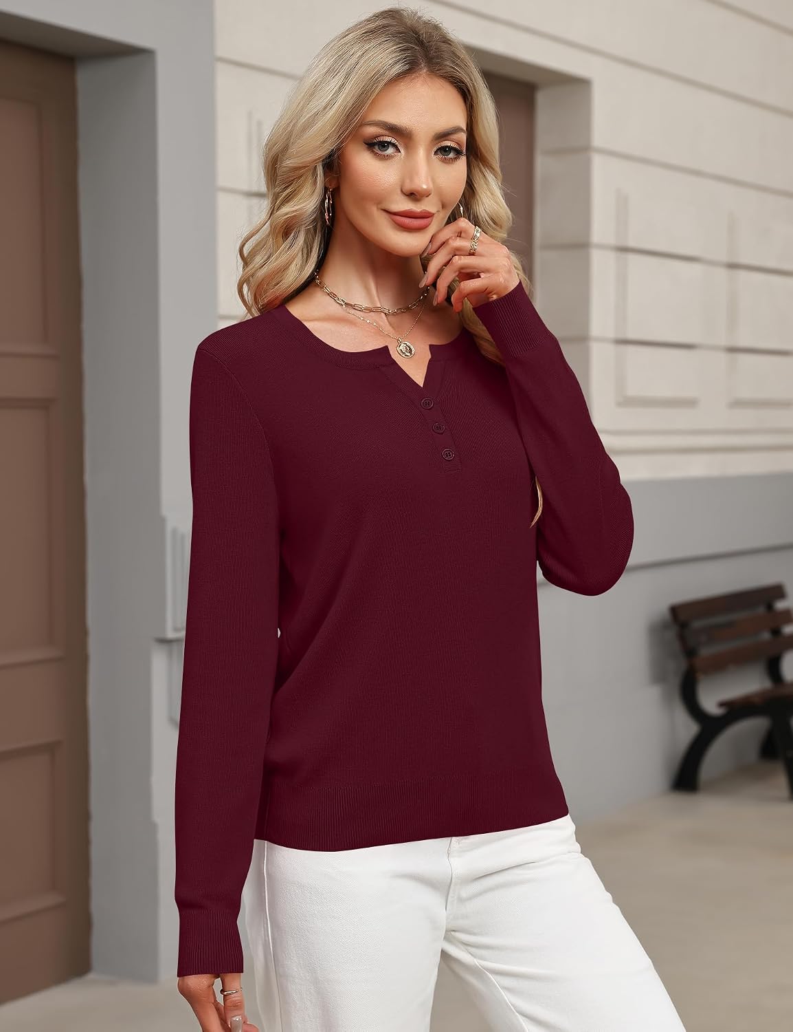 LOMON Sweater for Women Long Sleeve V Neck Wool Blend Pullover Tops