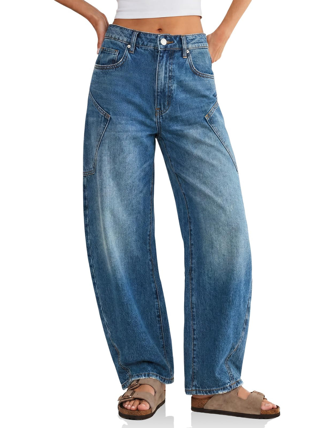 Flowyair Womens Baggy Barrel Jeans Raw High Waisted Wide Leg Denim Pants