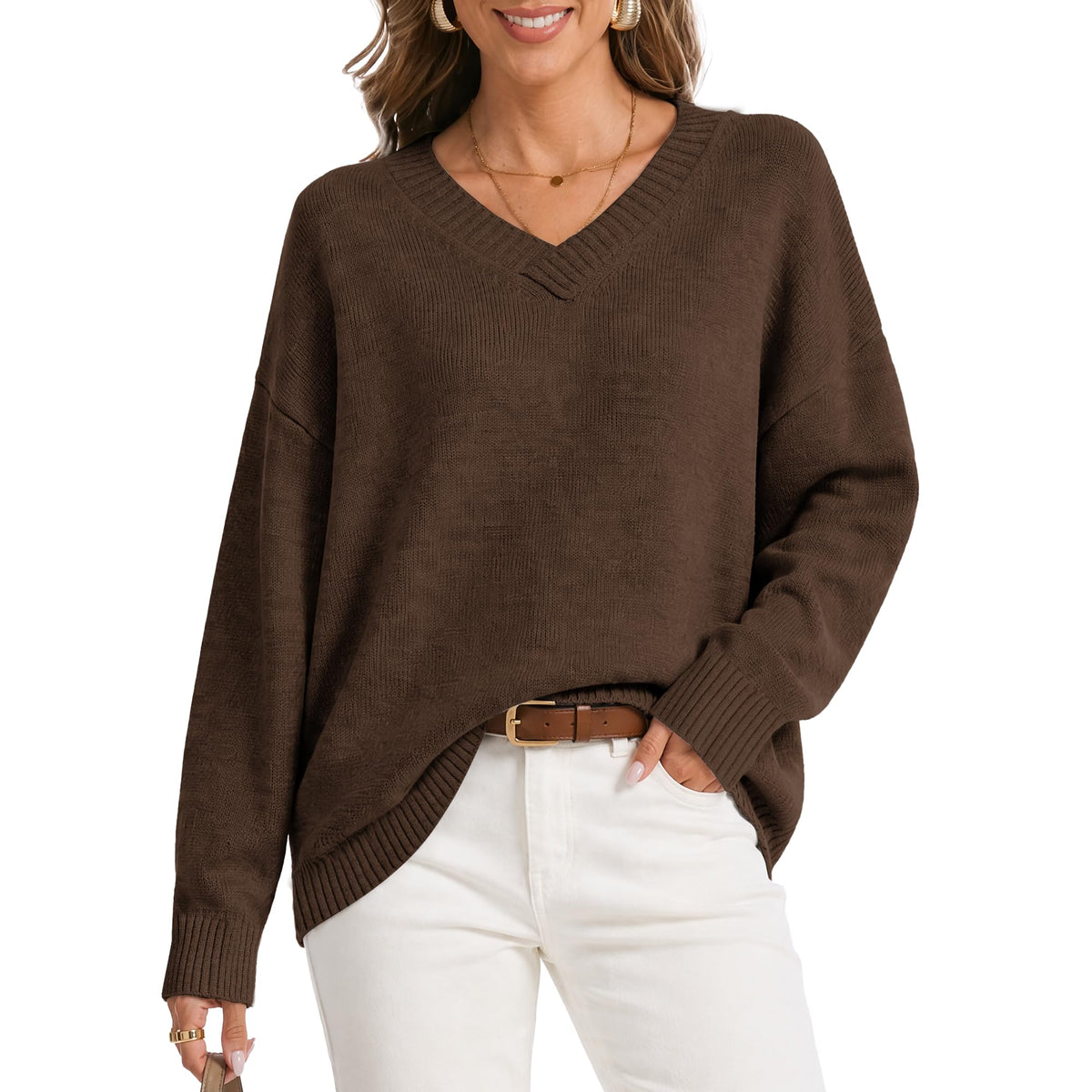 Womens Oversized Cashmere Blend V Neck Cozy Pullover Sweaters