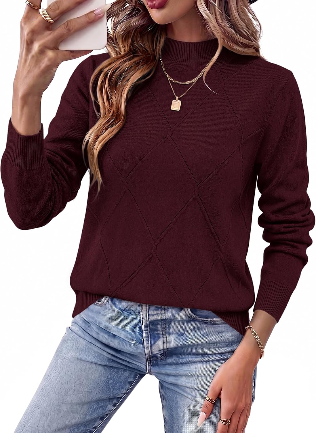 WIHOLL Womens Tops Sweaters Argyle Knit Long Sleeve Fall Outfits Winter
