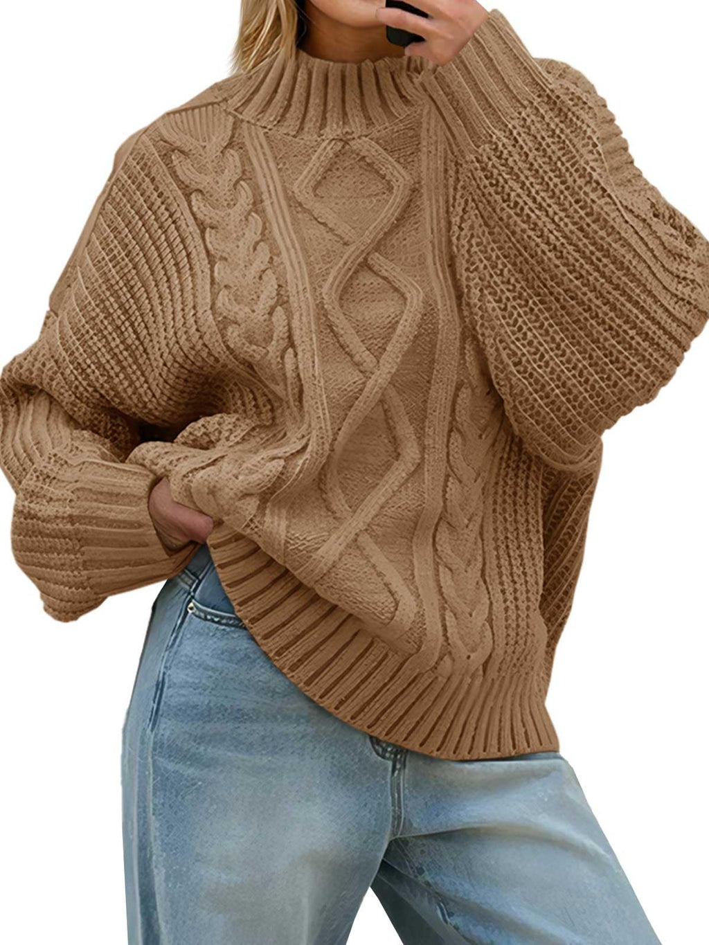 Saodimallsu Womens Oversized Cable Knit Sweaters 2025 Fall Winter Trendy Button Up Turtleneck Chunky Pullover Sweater Tops