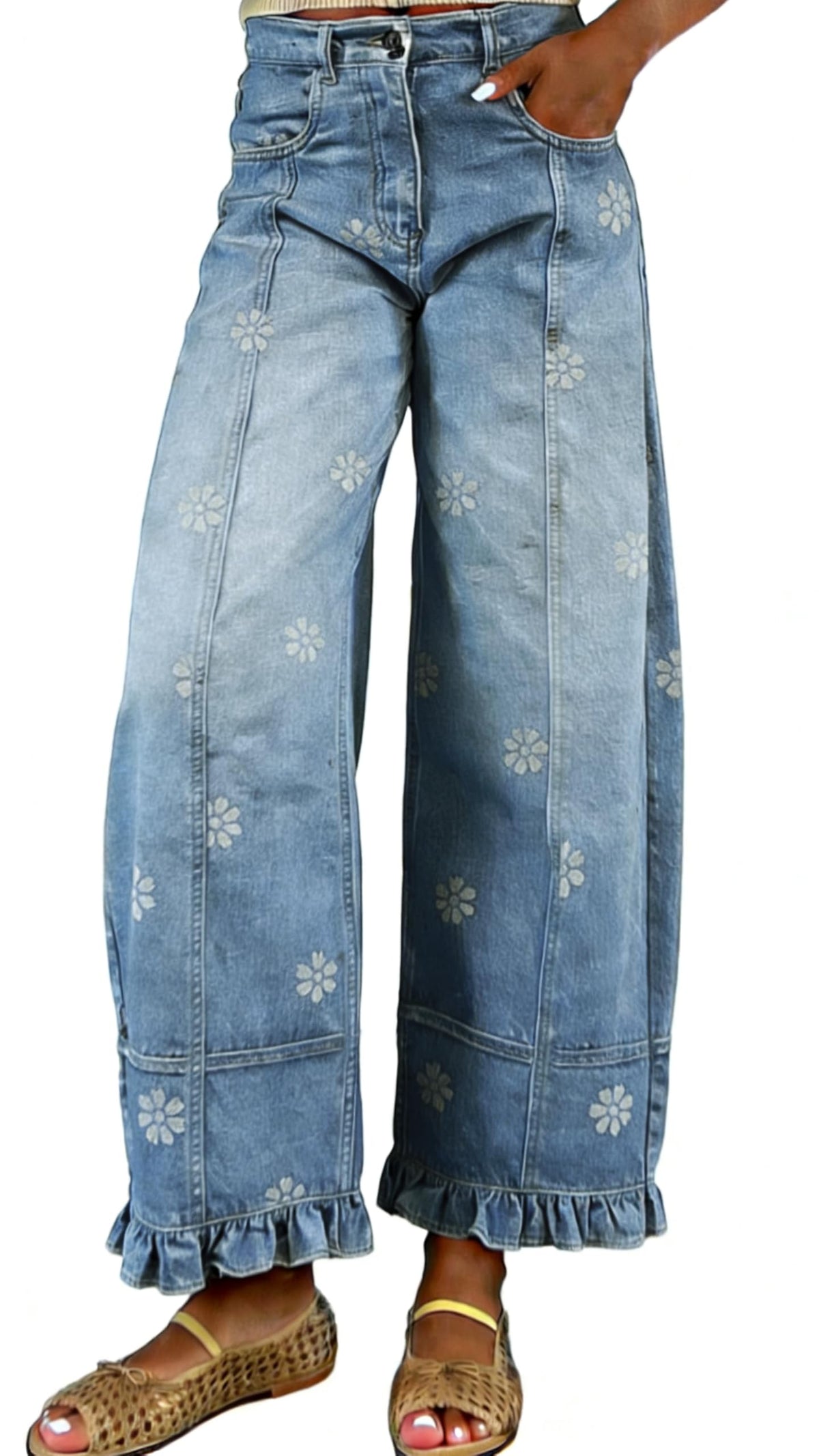 utcoco Barrel Jeans Women 2026 Floral Print Wide Leg Jeans Y2k Patchwork Baggy Boyfriend Denim Pants