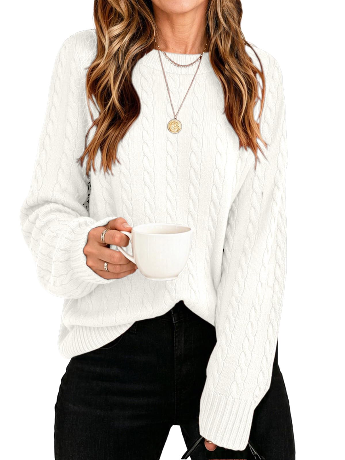 Womens Winter Fall Sweaters 2026 Trendy Cable Knit Long Sleeve Crewneck Tops Casual Outfit Sweater for Women