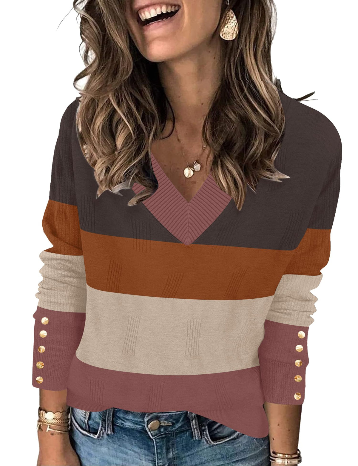 AKEWEI Womens V Neck Sweaters Long Sleeve Lightweight Knit Pullover Tops with Decorative Buttons