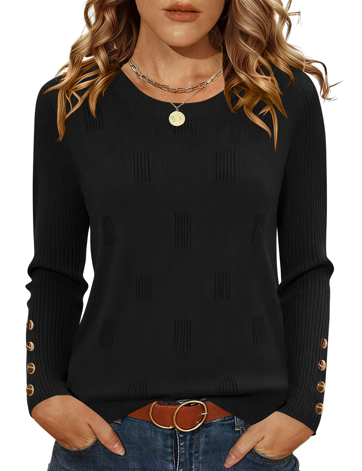 AKEWEI Womens Sweaters Long Sleeve Crew Neck Lightweight Knit Pullover Tops with Decorative Buttons