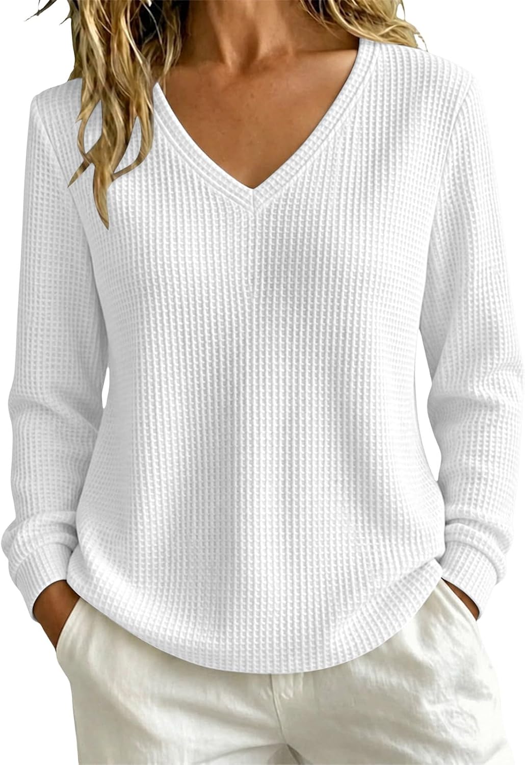 Women’s Lightweight Waffle Knit Sweater V-Neck Loose Fit Pullover