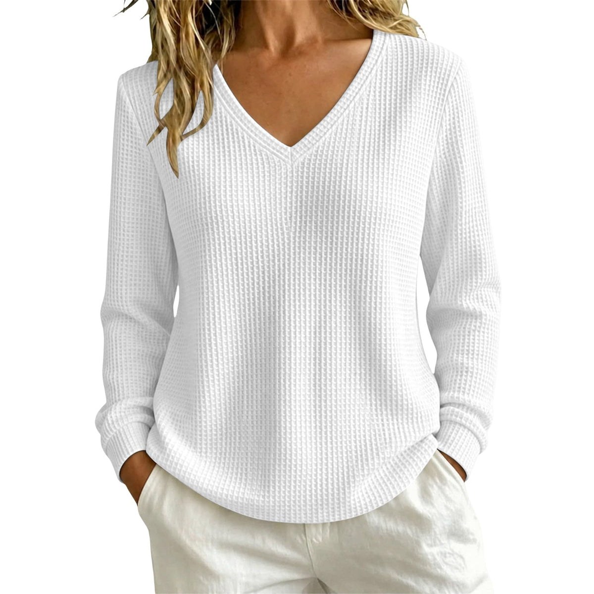 Women’s Lightweight Waffle Knit Sweater V-Neck Loose Fit Pullover